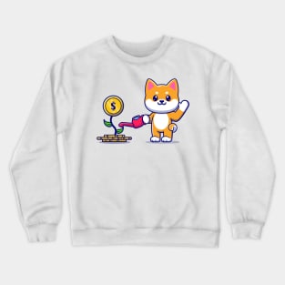 Cute Shiba Inu Dog Watering Money Plant Cartoon Crewneck Sweatshirt